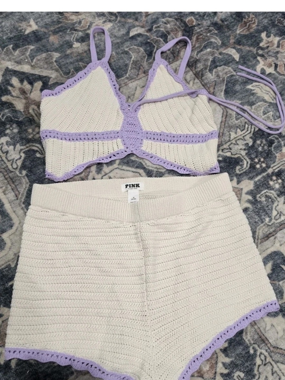 Victoria's Secret PINK Cream Crochet Set with Lavender Trim